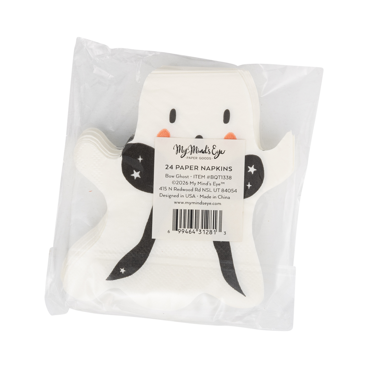 Back view of a packaged ghost-shaped paper napkins with a label of My Mind's Eye on a white background