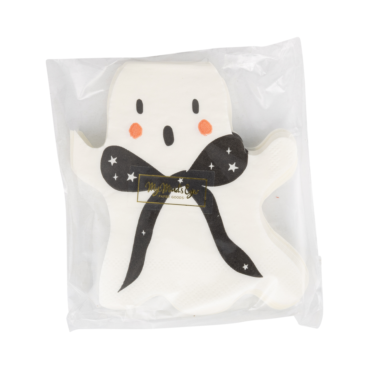 Close-up front view stack of a ghost-shaped napkin showing the cream body with pink and black accents inside a clear packaging. 