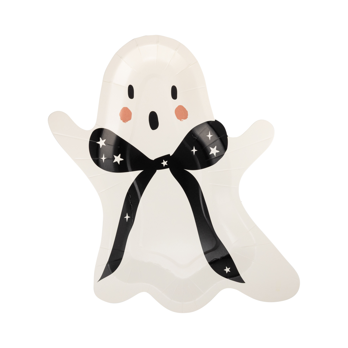 Cream ghost-shaped paper plate with black and pink color accents on a white background.