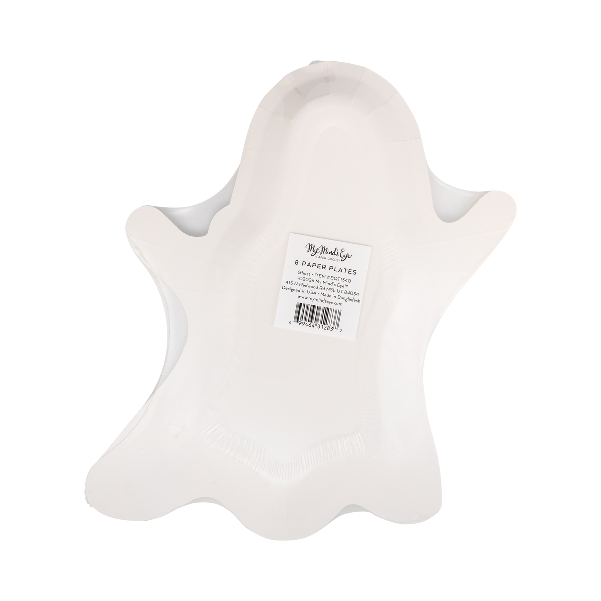 Back view of the white ghost-shaped plate with a label on a white background.