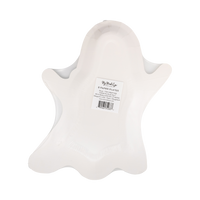 Back view of the white ghost-shaped plate with a label on a white background.