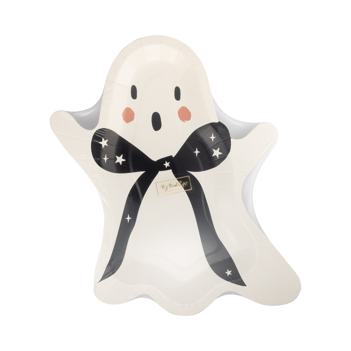 The front packaging of the ghost-shaped paper plate with a black bow on a white background.