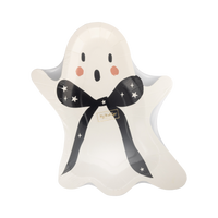 The front packaging of the ghost-shaped paper plate with a black bow on a white background.