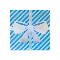 Isolated blue-striped square plate featuring a large iridescent bow across the center.