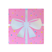 Isolated pink confetti square plate with an oversized iridescent bow design.