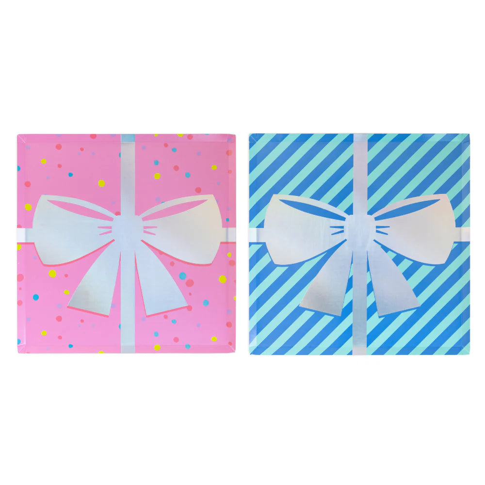 Side-by-side image of both large square gift-bow plates: pink confetti version and blue striped version against a white background.