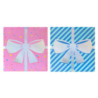 Side-by-side image of both large square gift-bow plates: pink confetti version and blue striped version against a white background.