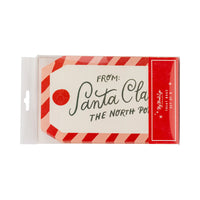 Front packaging of tag-shaped Christmas treat boxes bags with Santa script