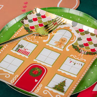 Cropped roof + windows close-up highlighting festive colors and foil.