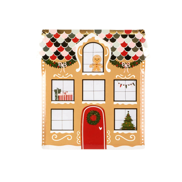 Clean product cutout: gingerbread house plate with red door and wreath.