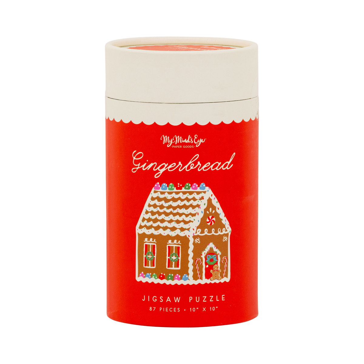 Red gingerbread jigsaw puzzle tube with gingerbread house illustration