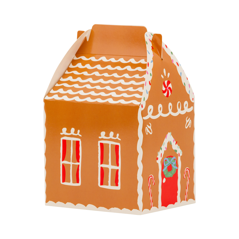 Gingerbread house treat box with icing roof, red-curtained windows, and wreath on the door