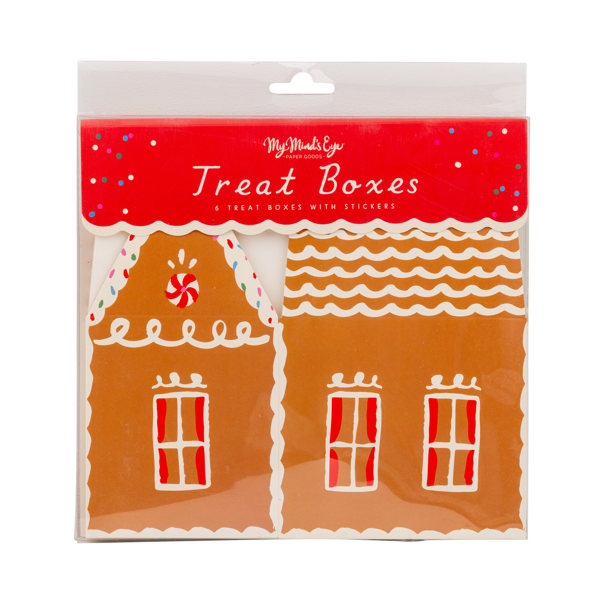 Gingerbread house treat boxes in retail package, 6 boxes with stickers
