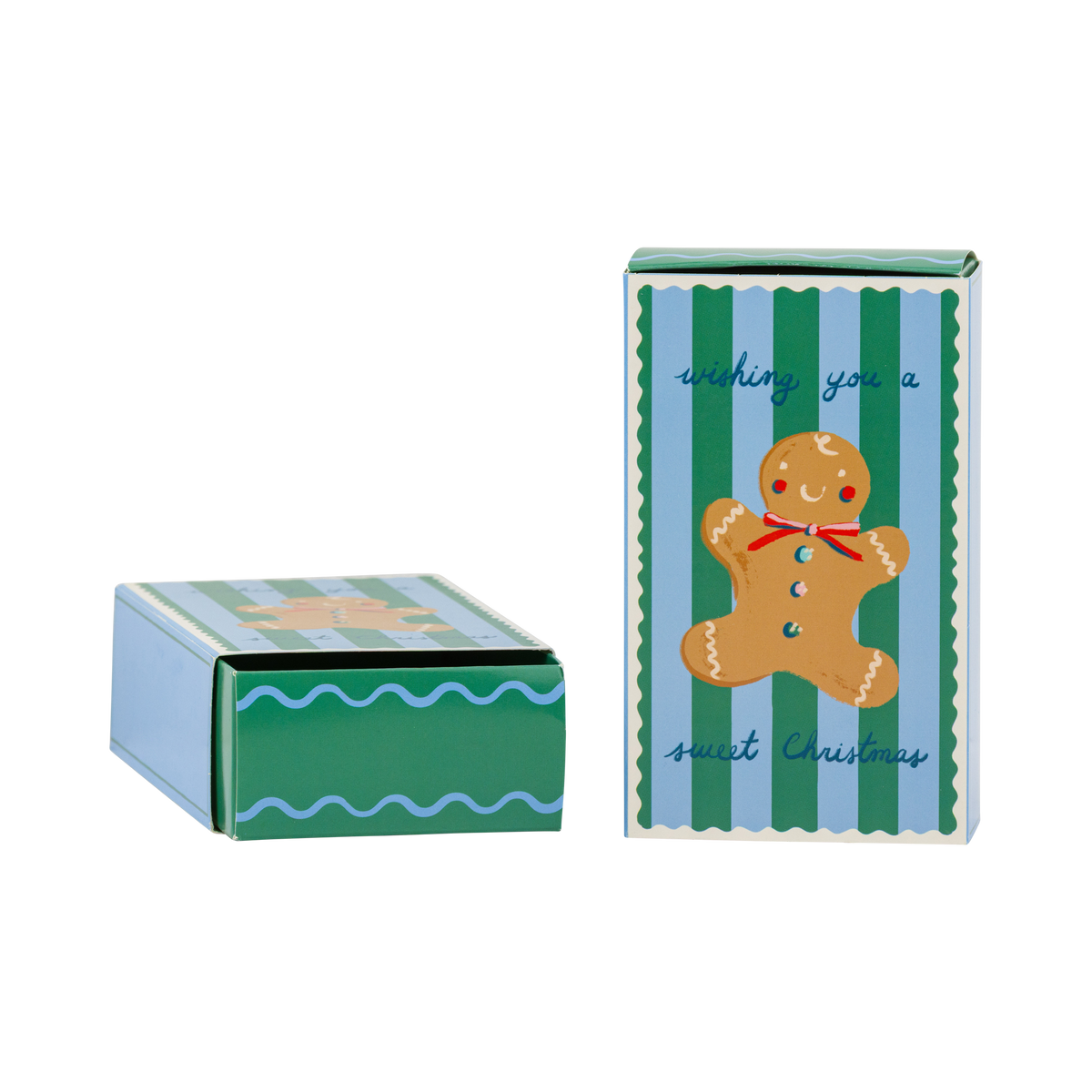 Blue and green striped treat box with gingerbread man shown open and closed