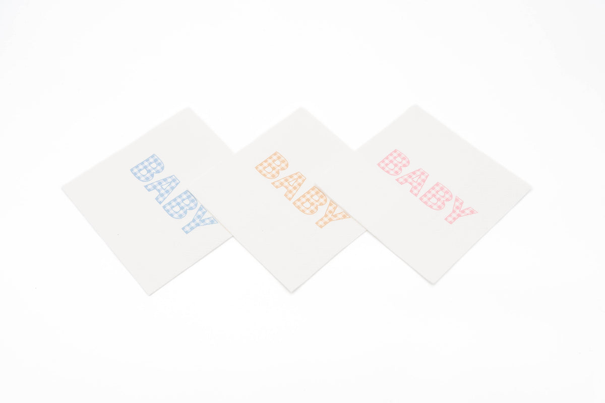 Blue, tan, and pink gingham BABY paper cocktail napkins side by side, each color sold separately