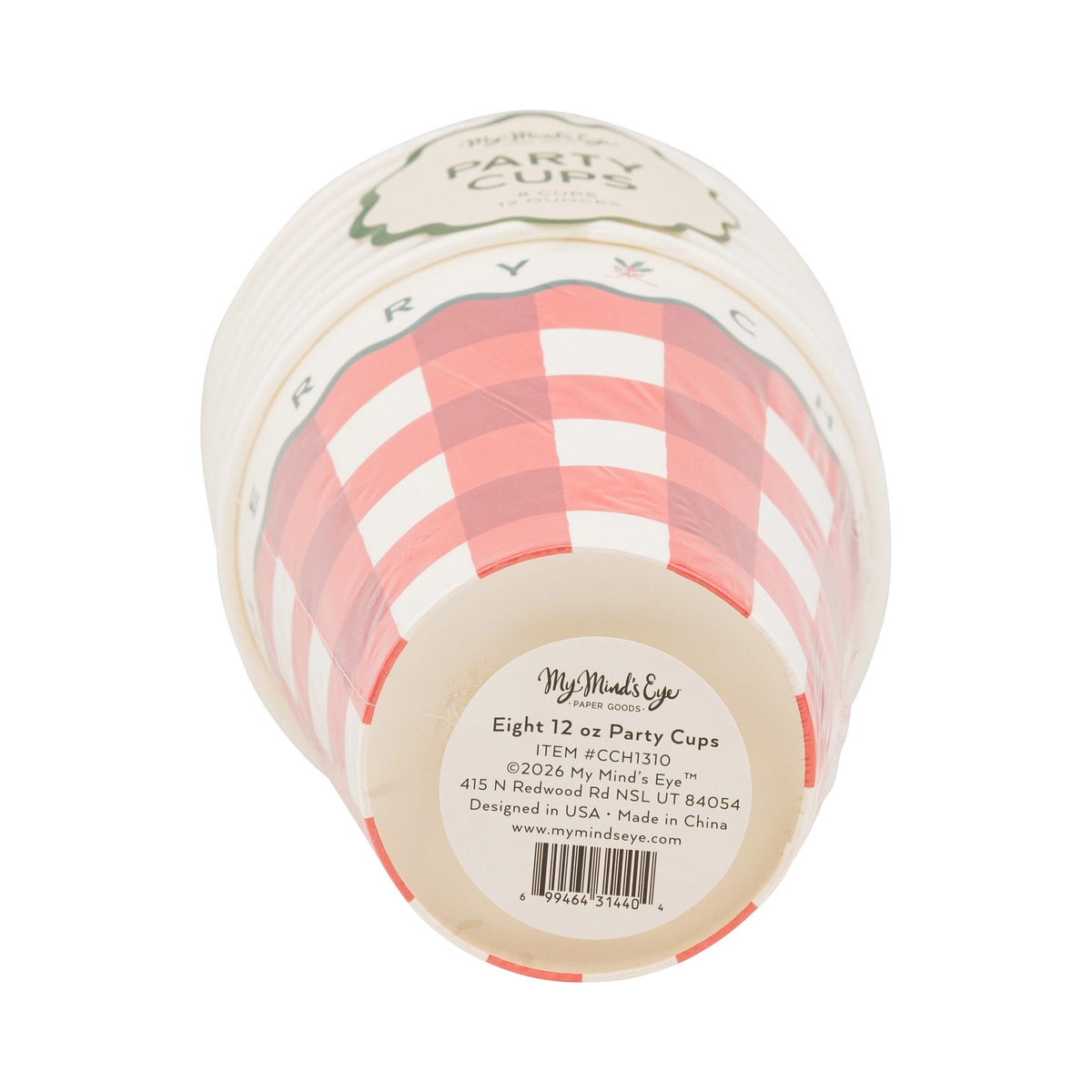 Back of the gingham cups packaging showing the nested cups and product label.