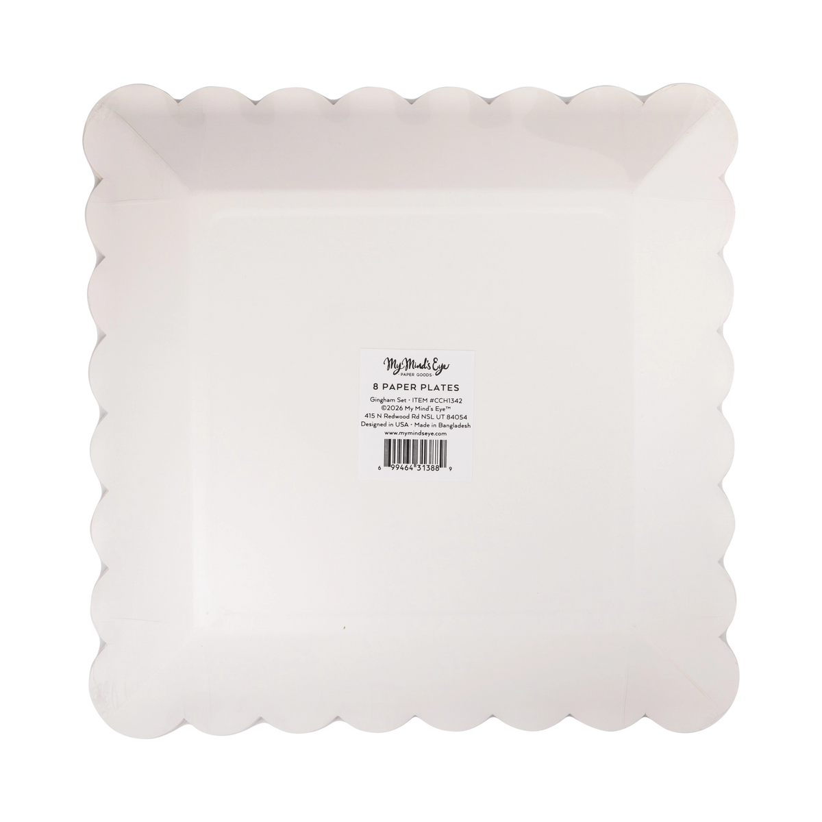 Back of the gingham dinner plate showing the scalloped shape and label.