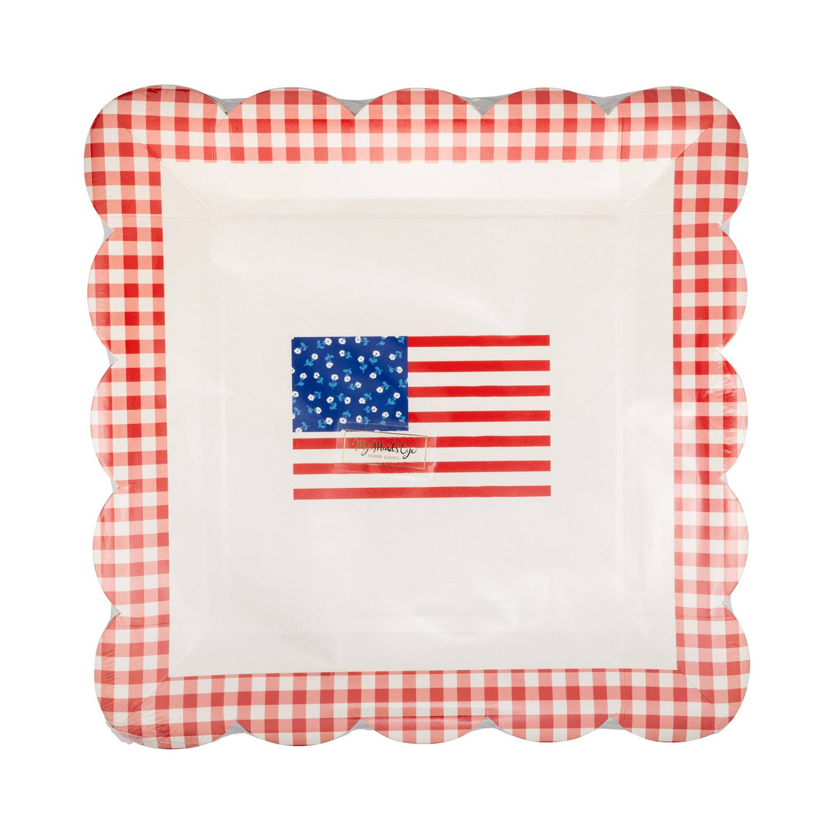 Front of gingham flag scalloped paper plate showing American flag with floral canton and red gingham border
