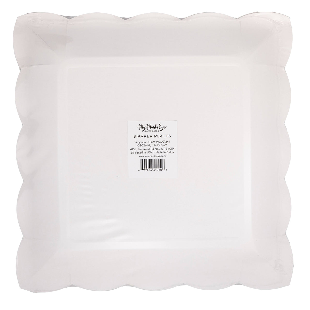 Back of packaged gingham paper plates showing product label