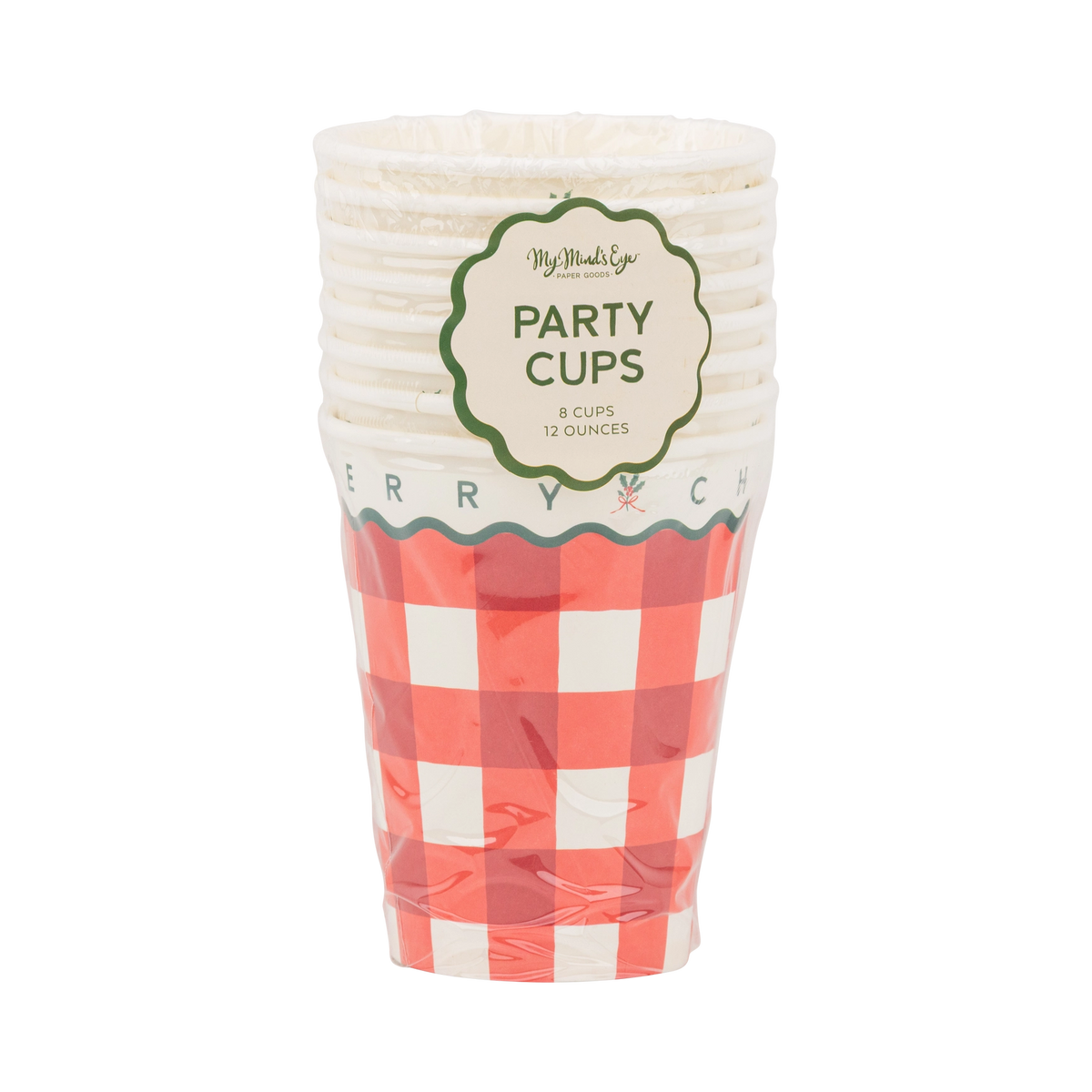 Packaging for the gingham "Party Cups" showing the stacked cups and sleeves.