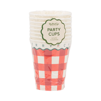 Packaging for the gingham "Party Cups" showing the stacked cups and sleeves.