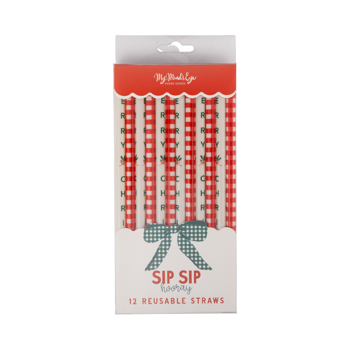 Packaging for the gingham "Sip Sip" reusable straws showing the straws through the window.