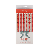 Packaging for the gingham "Sip Sip" reusable straws showing the straws through the window.