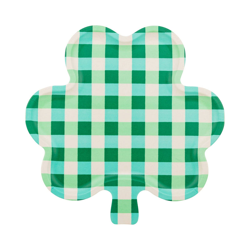 Green and cream gingham shamrock bamboo tray on white background