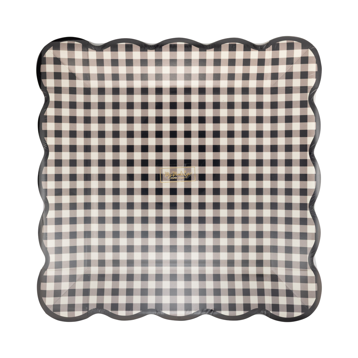 Front view stack of 8 black gingham square Halloween plates on a clear packaging.
