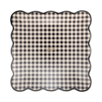 Front view stack of 8 black gingham square Halloween plates on a clear packaging.