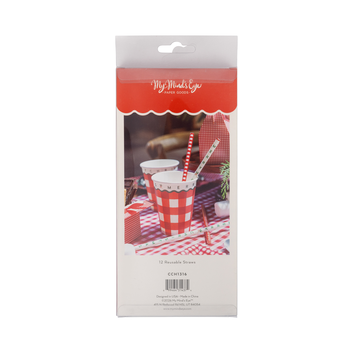 Back of the gingham straws packaging with a styled drink photo.