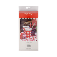 Back of the gingham straws packaging with a styled drink photo.