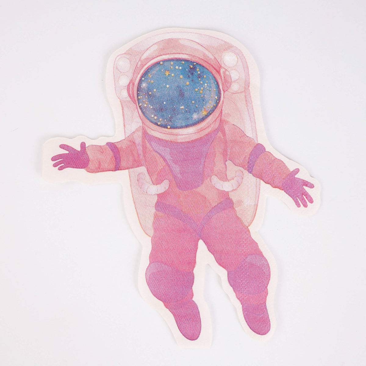Single die-cut pink girl astronaut paper napkin with a starry visor on white