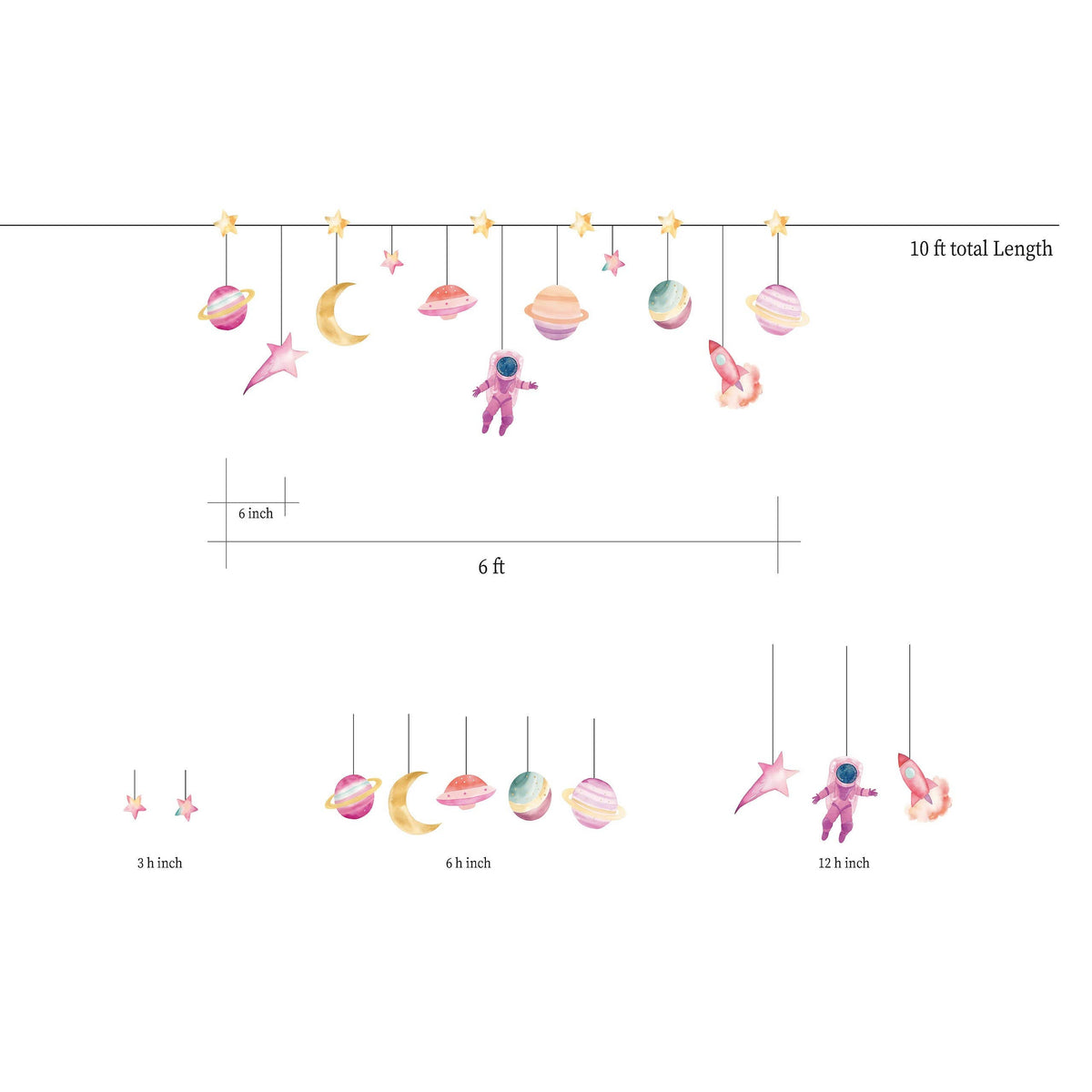 Diagram of the girl astronaut space banner showing 10-ft length, 6-inch drops, and all 11 pieces with size measurements.