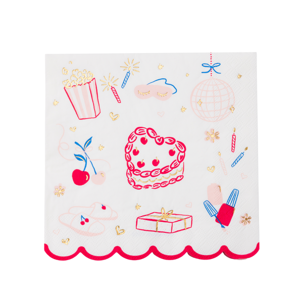 Single large white party napkin with heart cake, cherries, disco ball, nail polish and gold foil birthday illustrations, hot pink scalloped border