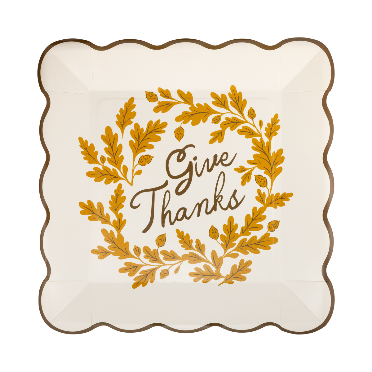 Cream paper plate with a brown "Give Thanks" wordmark and a wavy edge, front view.