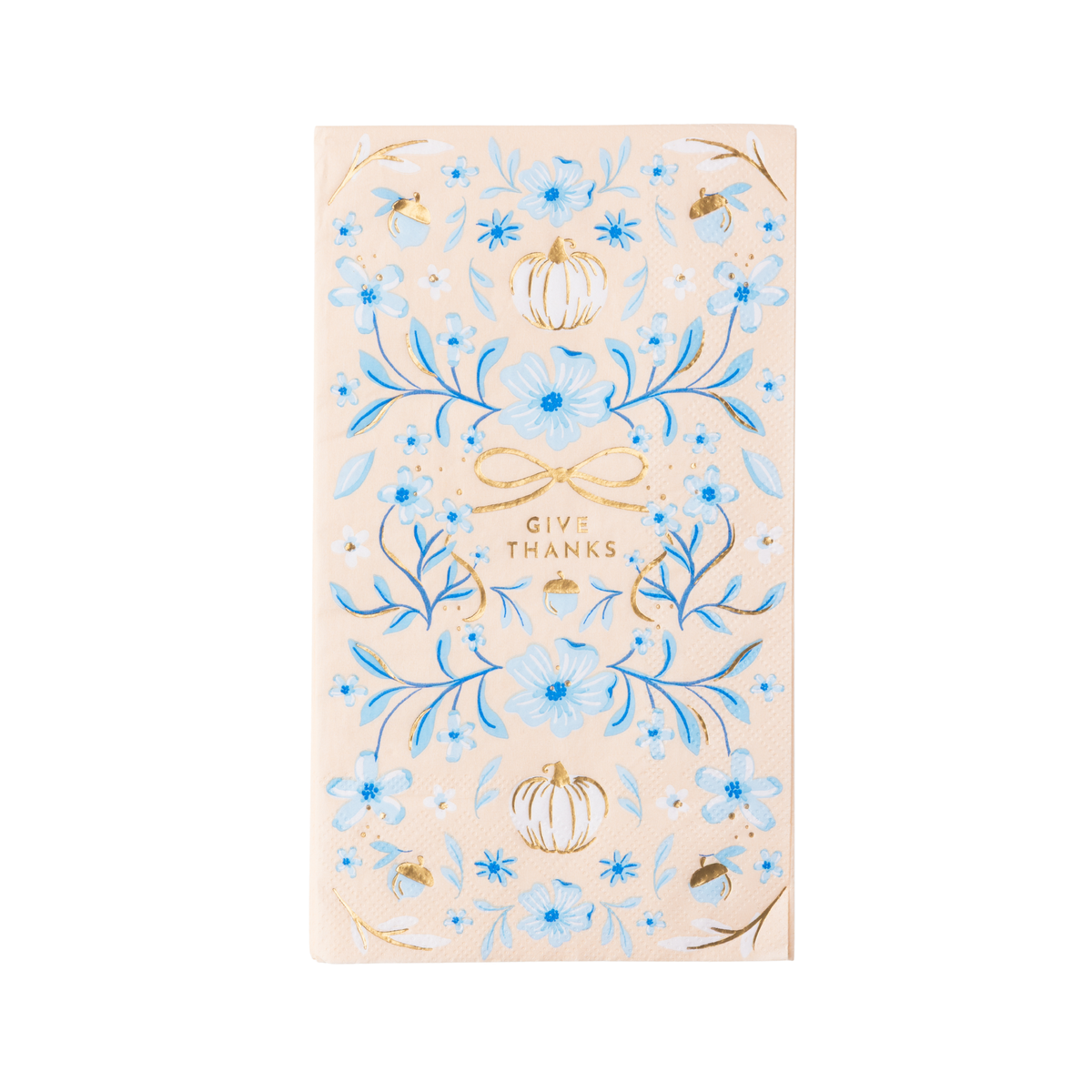 Blue floral Give Thanks guest towel with gold foil pumpkins and acorns on blush
