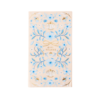 Blue floral Give Thanks guest towel with gold foil pumpkins and acorns on blush