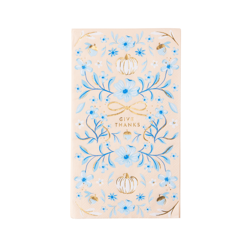 Blue floral Give Thanks guest towel with gold foil pumpkins and acorns on blush