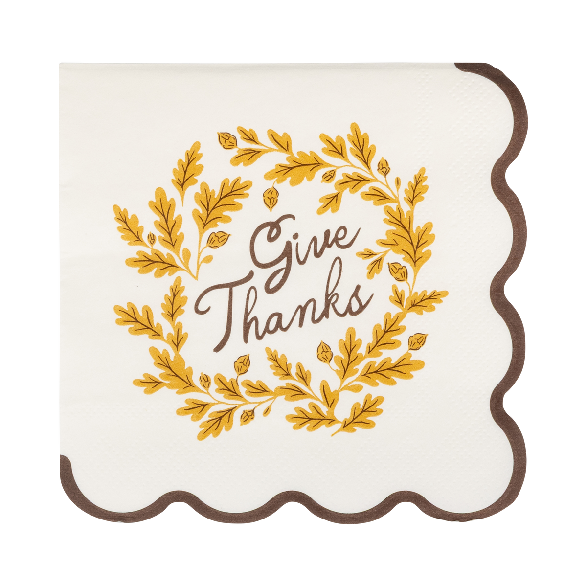 Cream cocktail napkin with "Give Thanks" text, brown and yellow accents, and a wavy brown edge, front view.