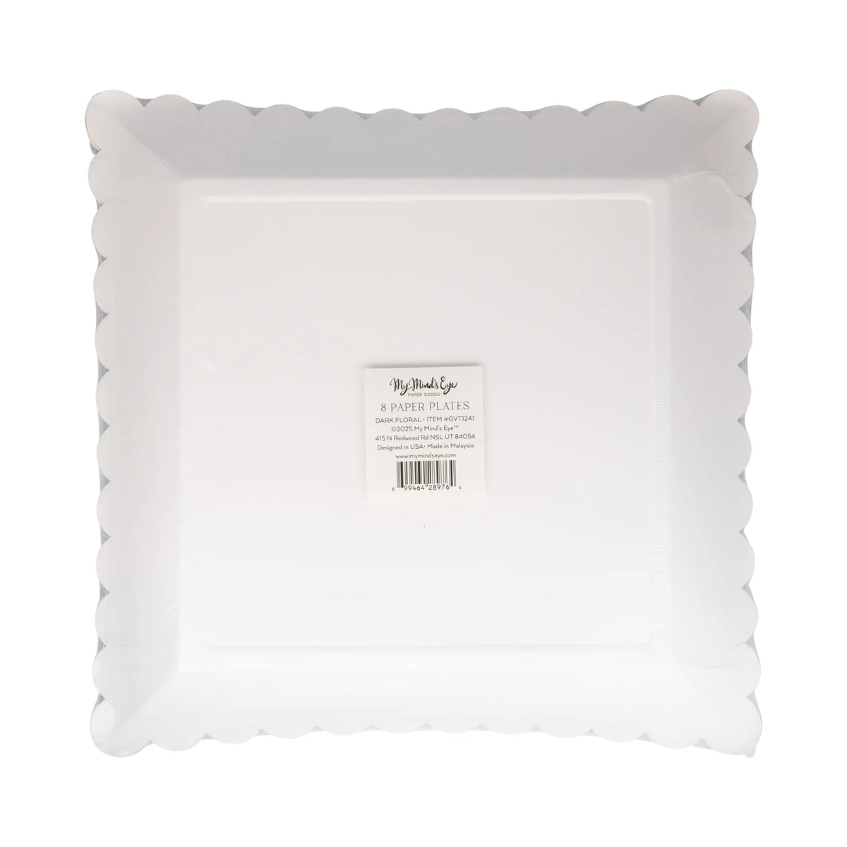 Back of package for 10-inch dark floral square paper plates with care label.