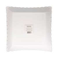 Back of package for 10-inch dark floral square paper plates with care label.