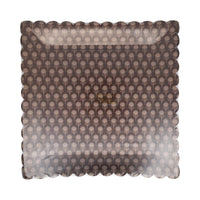 Single dark floral square plate with scalloped edge, front view.