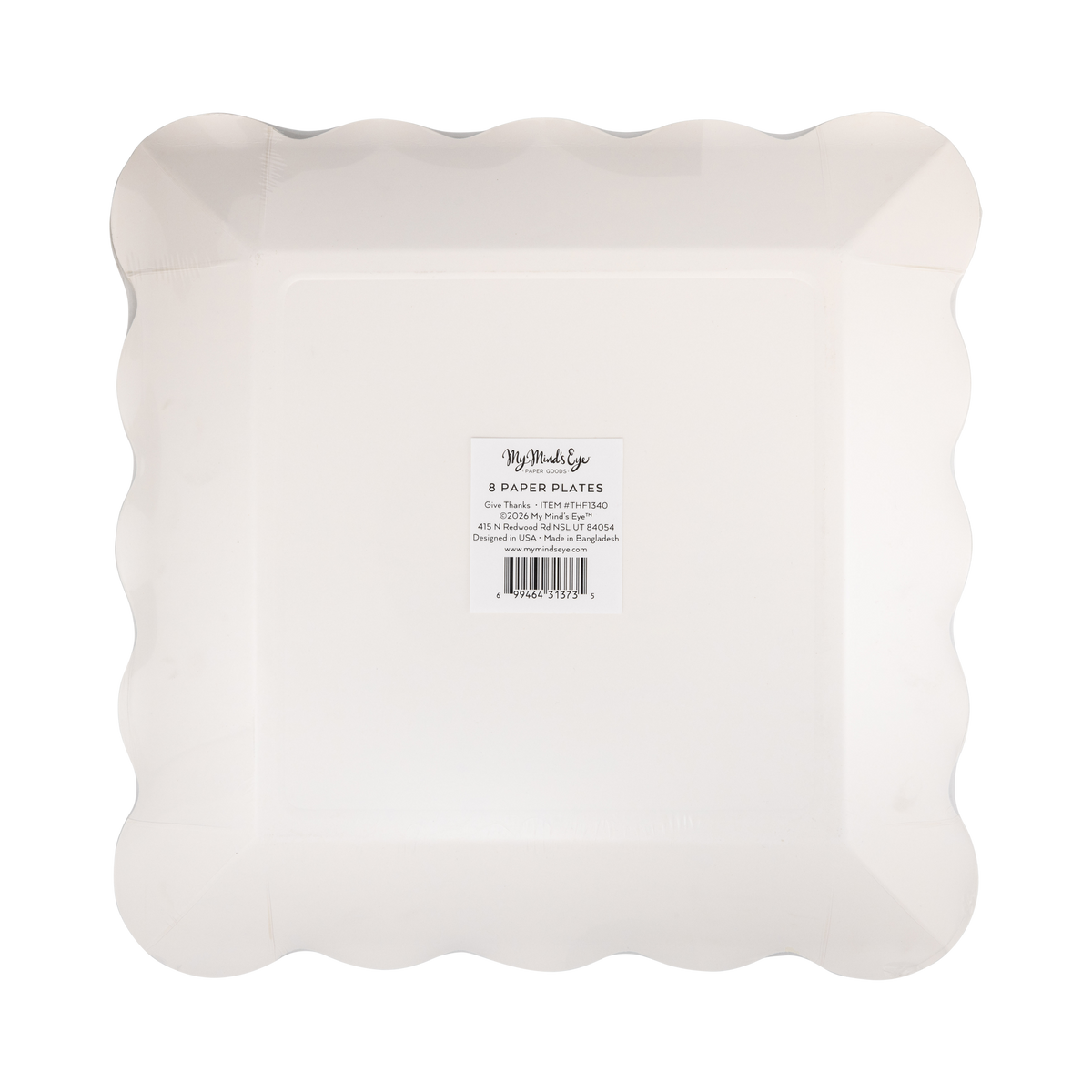 Back view of a give thanks dinner plates with a brand label.
