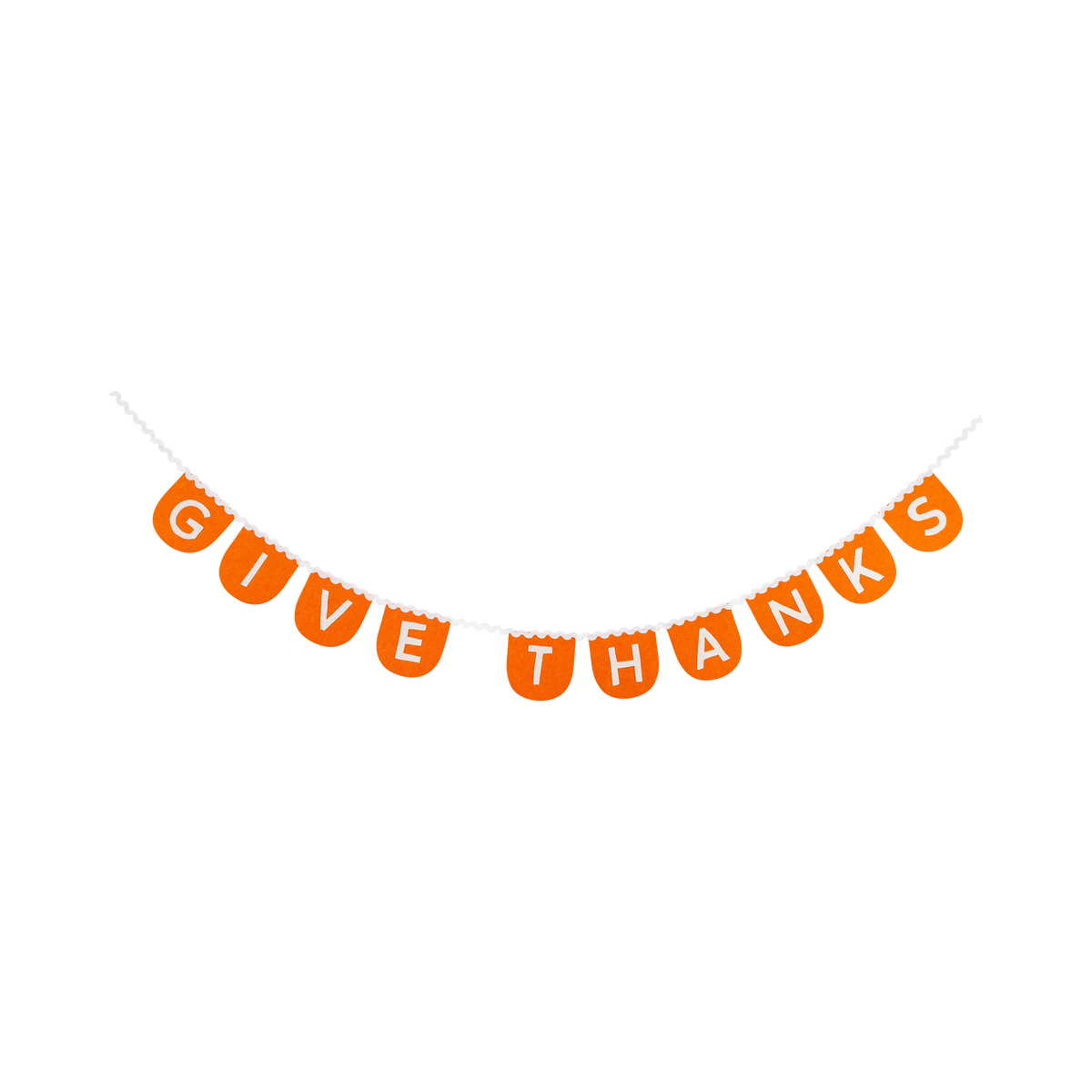 Orange scalloped felt banner spelling Give Thanks with cream letters against a clean white background.