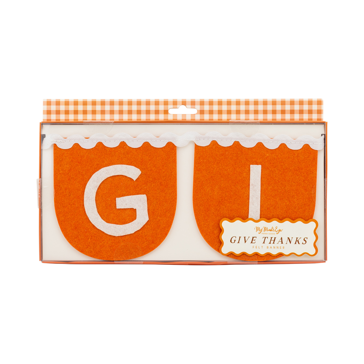 Close-up of the Give Thanks banner packaging in an orange gingham box, highlighting the scalloped orange felt and cream stitched letters.