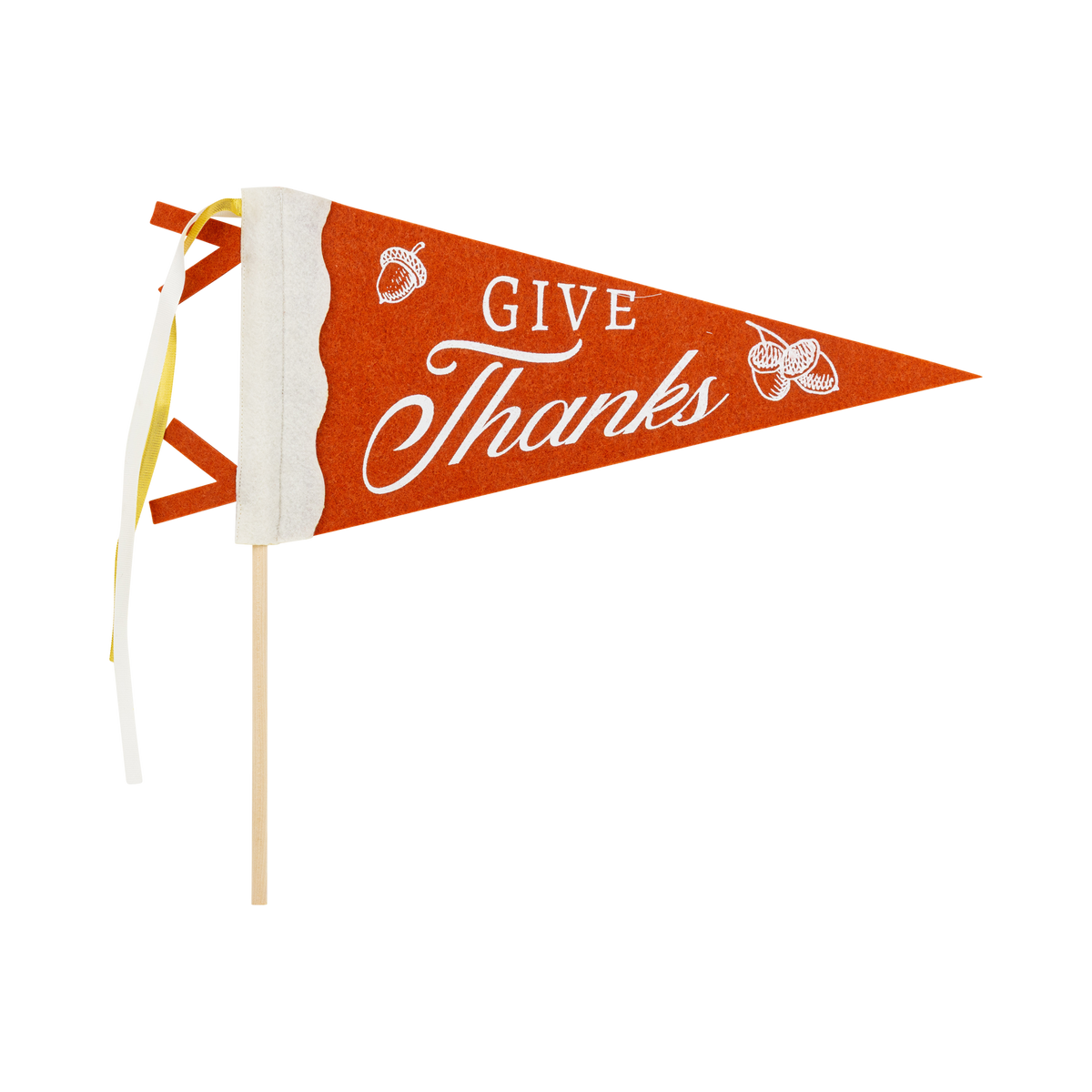 "GIVE THANKS" brown felt pennant with cream script and a small pumpkin accent on a wood dowel with striped ribbon, front view on white background.