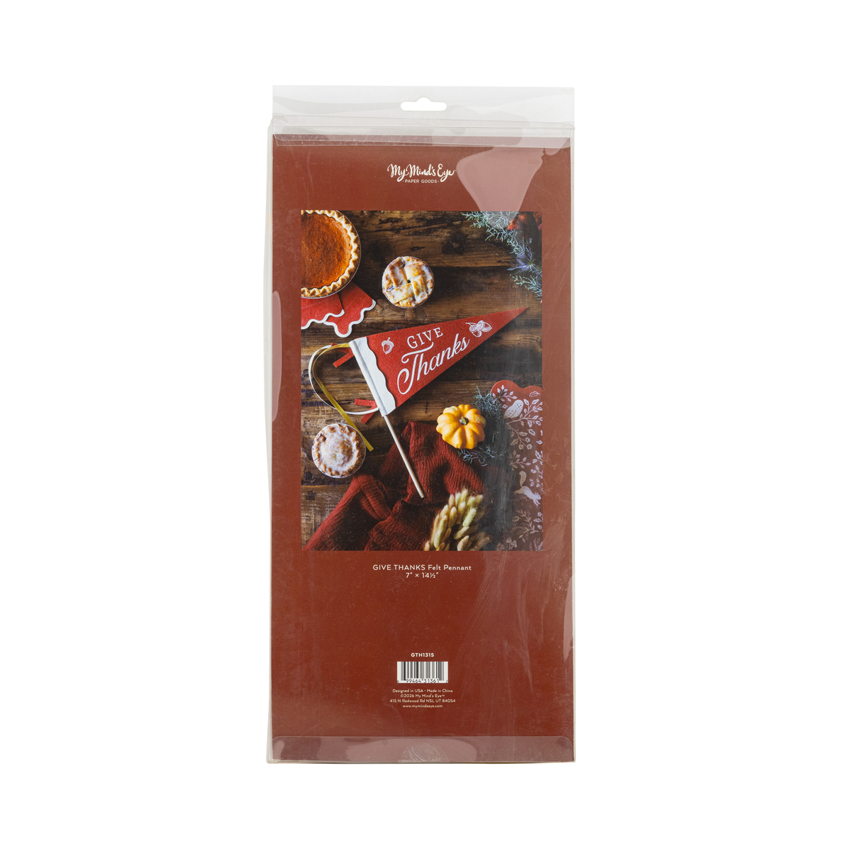 Back of the felt pennant packaging showing the product label and pennant pieces.