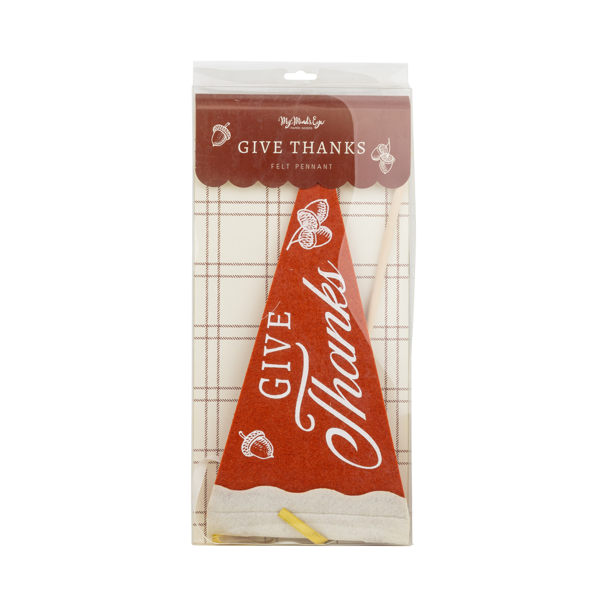 Front of the Give Thanks felt pennant packaging — plaid header card showing the pennant and product details.