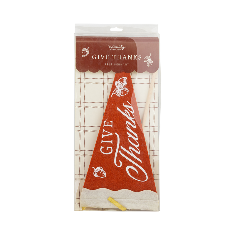 Front of the Give Thanks felt pennant packaging — plaid header card showing the pennant and product details.